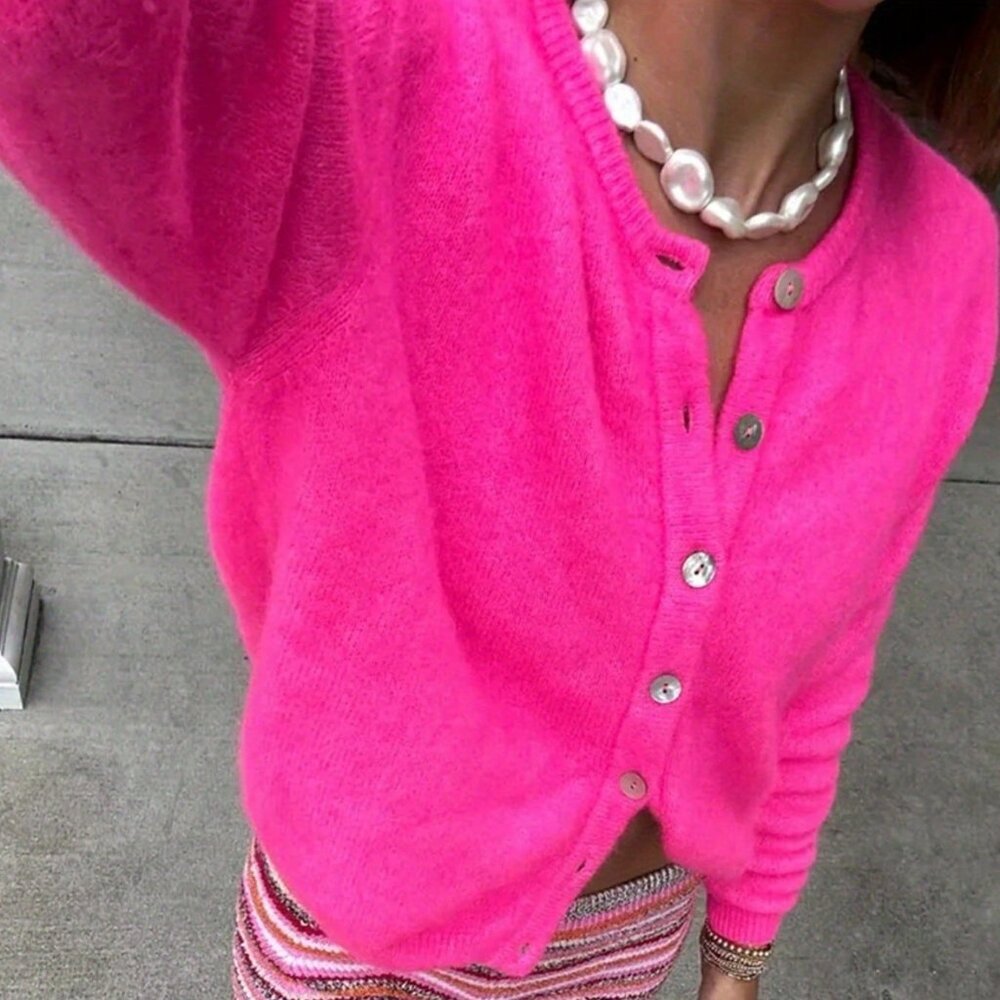 Hot Pink Casual Women's V-Neck Cardigan Sweater - Picture 3 of 5
